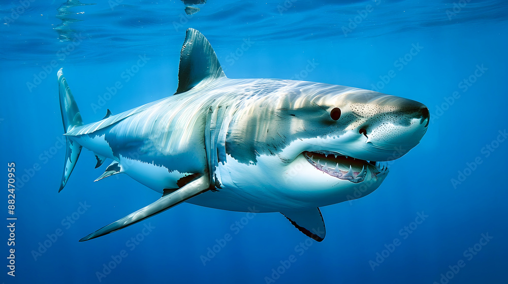Obraz premium Majestic Great White Shark Swimming Powerfully in the Clear Blue Ocean Waters Exhibiting the Fearsome Strength and Predatory Nature of this Apex Marine Predator