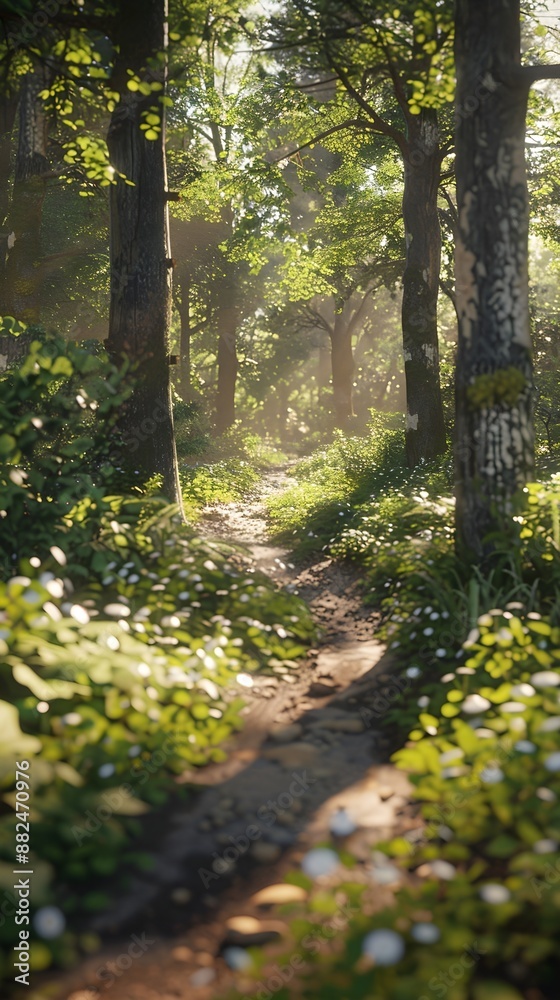 Sunlit Forest Path Winding Through Lush Greenery with Sunlight Filtering Through Trees and Small White Flowers Sunlit Forest Path Winding Through Lush Greenery with Sunlight Filtering Through Trees and Small White Flowers