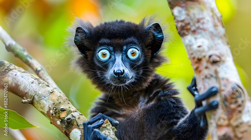 Captivating Close up Portrait of a Curious Black Lemur with Striking Blue Eyes Perched on a Tree Branch in Its Natural Tropical Forest Habitat