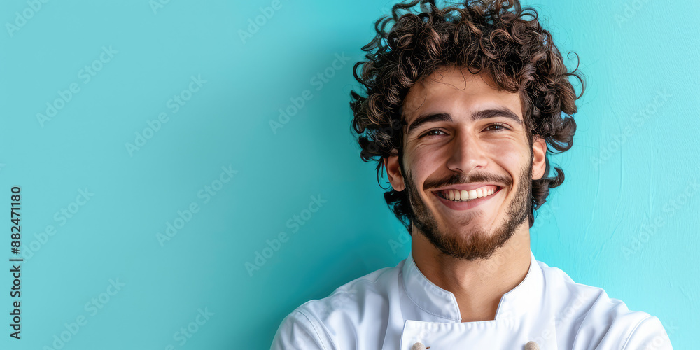 Waiter man smiling on colored background with copy space. Young waiter in uniform banner template. Waiter man smiling on colored background with copy space. Young waiter in uniform banner template.