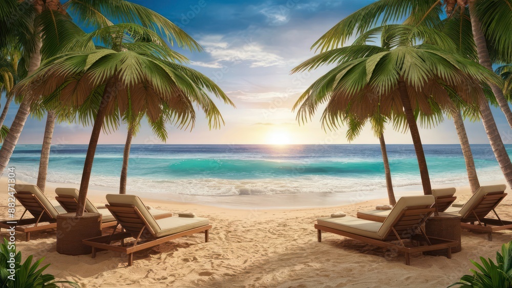 Vibrant Tropical Beach Scene with Chairs and Umbrellas Vibrant Tropical Beach Scene with Chairs and Umbrellas