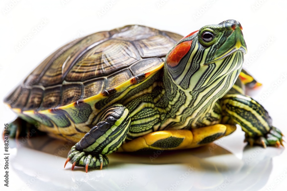 A solitary Red-Eared Slider turtle stretches out on a white background, its shell glistening as it soaks up the warm light, its eyes closed in relaxation. A solitary Red-Eared Slider turtle stretches out on a white background, its shell glistening as it soaks up the warm light, its eyes closed in relaxation.