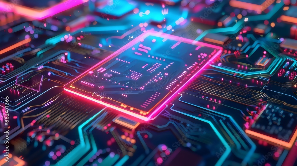 A vibrant, futuristic circuit board glowing with neon lights in shades of blue, pink, and orange, featuring intricate pathways and components, creating a dynamic and modern aesthetic. A vibrant, futuristic circuit board glowing with neon lights in shades of blue, pink, and orange, featuring intricate pathways and components, creating a dynamic and modern aesthetic.