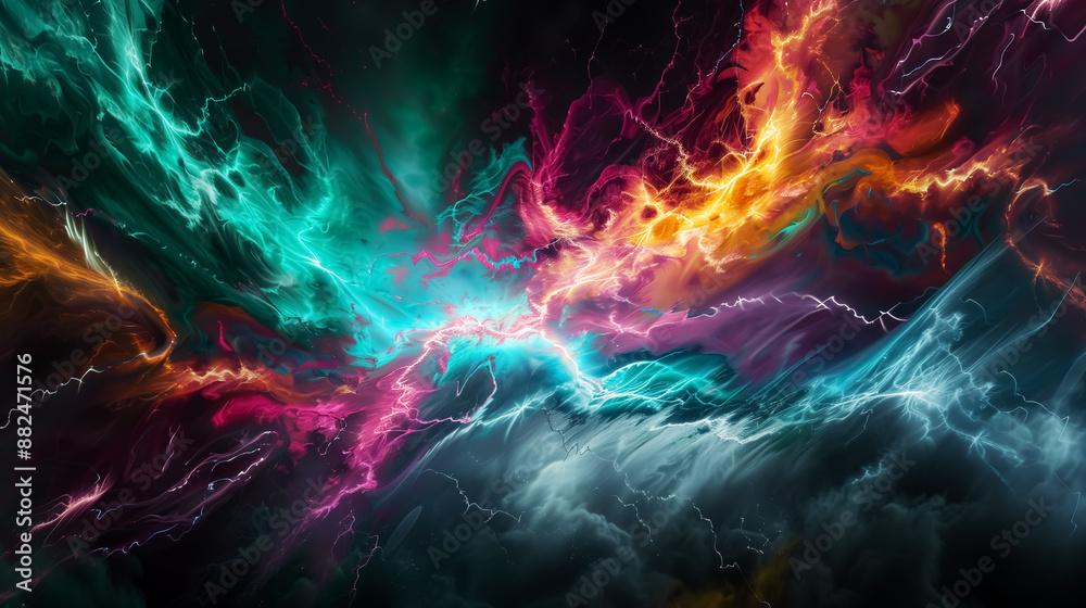 Fototapeta premium fantasy colorful lightning, abstract plasma fire, hologram flame and flash light, spectrum glowing. Design for Wall Art, Poster Print, Wallpaper & Background