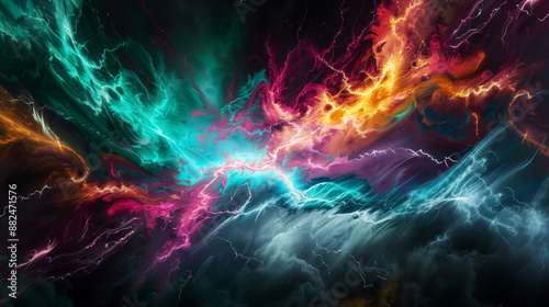 fantasy colorful lightning, abstract plasma fire, hologram flame and flash light, spectrum glowing. Design for Wall Art, Poster Print, Wallpaper & Background © YOAQ