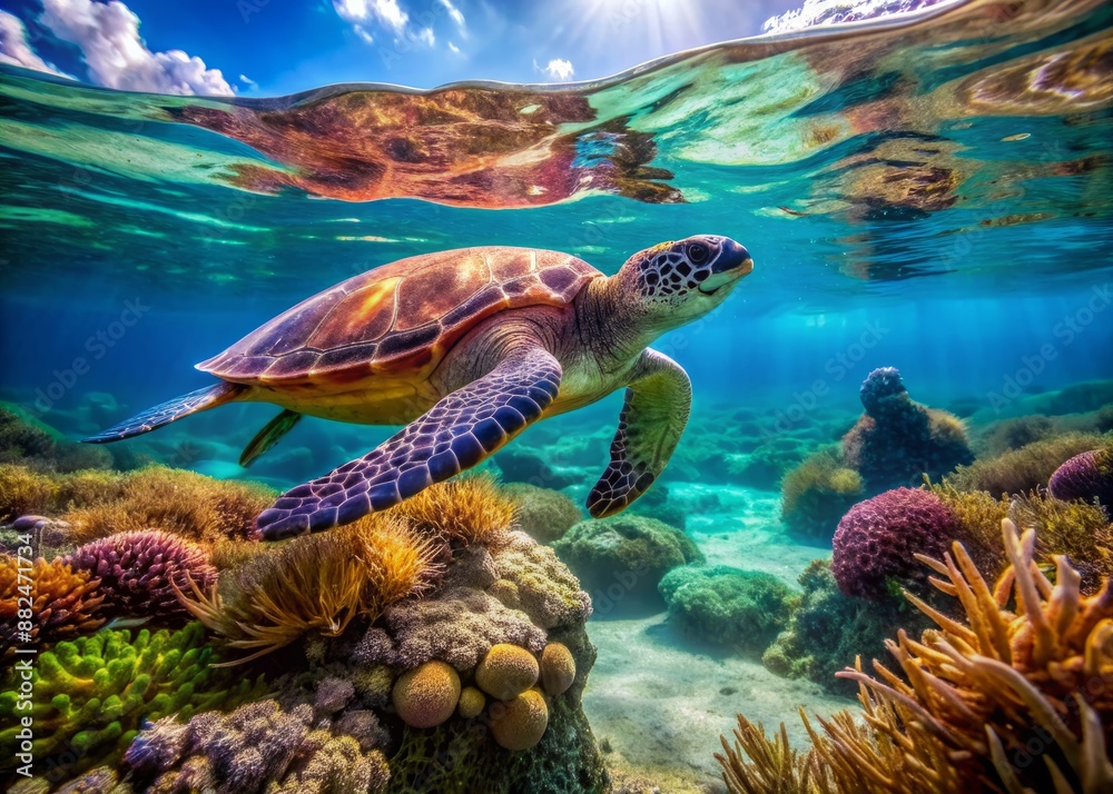 Naklejka premium A serene slow-moving turtle glides effortlessly through clear turquoise waters surrounded by vibrant coral and seaweed in a lush underwater paradise.