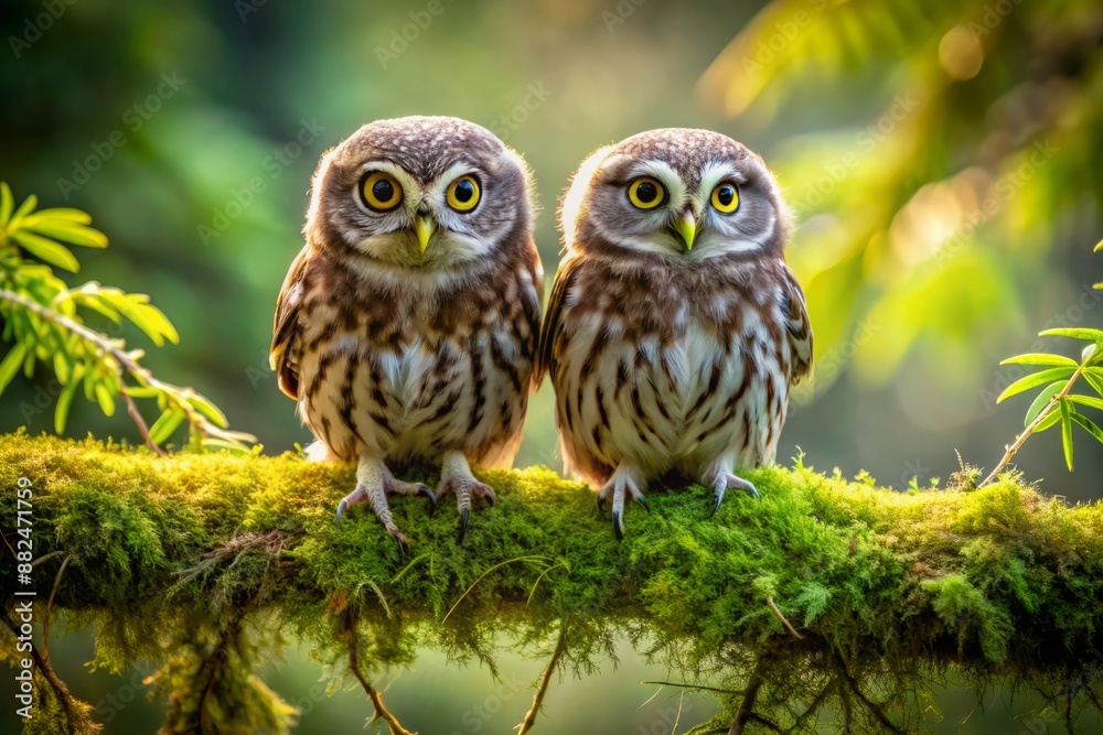 Two wise owls perch side by side on a moss-covered branch, their big round eyes gazing into the distance, surrounded by lush green foliage. Two wise owls perch side by side on a moss-covered branch, their big round eyes gazing into the distance, surrounded by lush green foliage.