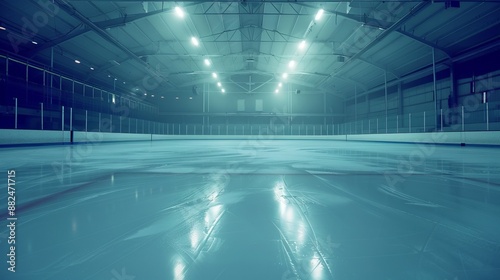 A photograph of an empty indoor ice skating rink illuminated by bright overhead lights, showcasing smooth ice and a spacious environment ready for skaters to enjoy.