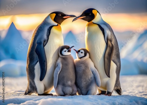 A heartwarming scene of a penguin family snuggled up together, their soft feathers a stark contrast to the cold, icy landscape surrounding them. photo