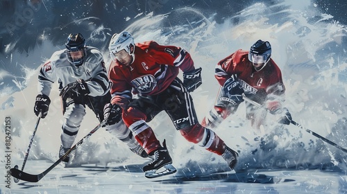 Three hockey players chase the puck on an ice rink, demonstrating speed, agility, and competitive spirit, illustrated in an energetic and abstract manner.