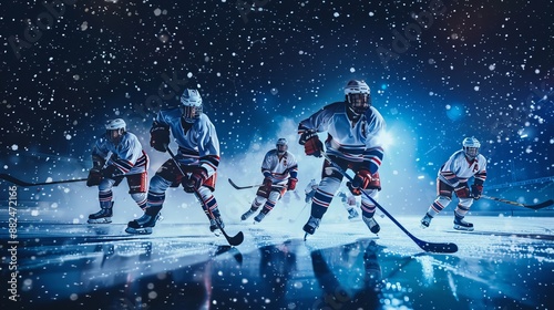Illustration of five hockey players in white uniforms performing on an ice rink with snow falling, evoking the intensity and spirit of the game in a dramatic, illuminated setting.