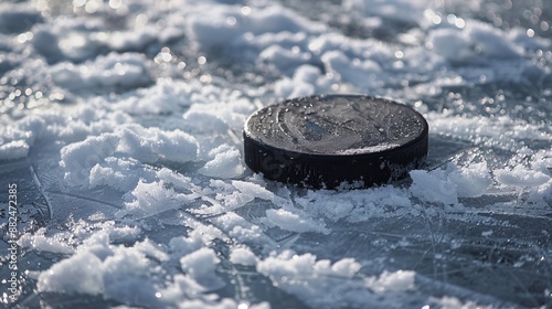 A close-up view of a hockey puck laying on the ice, surrounded by scattered snowflakes and ice chips, representing the hardness and precision of the sport.