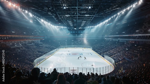 A bustling ice hockey arena filled with enthusiastic fans, watching an intense game, captured from high above, showcasing the vibrant atmosphere and dynamic lighting.
