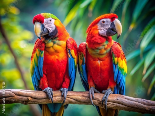 Vibrant parrot duo sits on a branch, engaged in lively conversation, their colorful feathers and expressive eyes conveying playful, curious, and affectionate personalities. © Man888