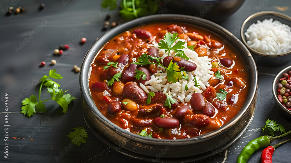 Delicious kidney bean curry in tomato sauce served with rice. Concept Kidney Bean Curry Recipe, Tomato Sauce, Rice, Vegetarian Dish, Indian Cuisine Delicious kidney bean curry in tomato sauce served with rice. Concept Kidney Bean Curry Recipe, Tomato Sauce, Rice, Vegetarian Dish, Indian Cuisine