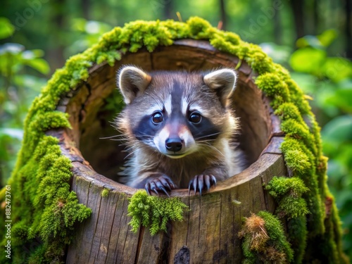 Adorable baby raccoon curiously peeks out of a moss-covered hollow log amidst lush greenery and vibrant foliage in a serene woodland setting. photo