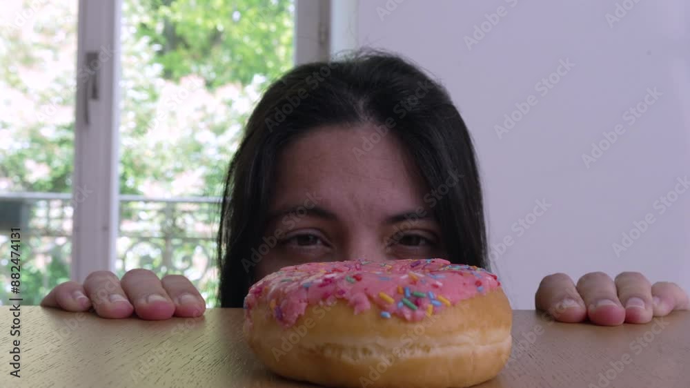 A woman peeking over a table, eyes focused on a colorful sprinkled donut, embodying the theme of delayed gratification and temptation, with a playful and curious expression A woman peeking over a table, eyes focused on a colorful sprinkled donut, embodying the theme of delayed gratification and temptation, with a playful and curious expression