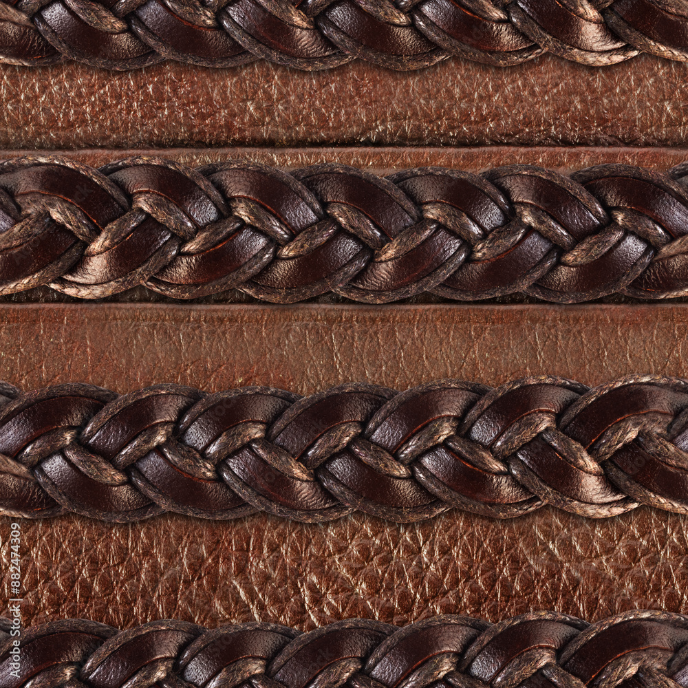 Obraz premium Seamless 4k photo texture photo of brown colored leather weave rope, belt material pattern on leather backdrop.