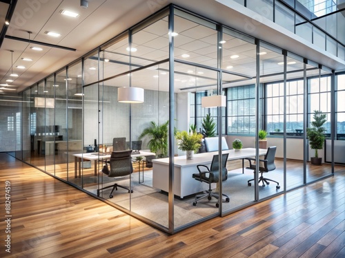 Modern office interior with glass partition wall, blurred background, minimalist decor, and sleek furniture, conveying a sense of professionalism and corporate atmosphere.
