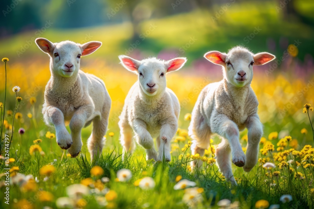 Adorable lambs frolic and playfully run through a vibrant green meadow filled with wildflowers, capturing the joy and innocence of springtime on a sunny day. Adorable lambs frolic and playfully run through a vibrant green meadow filled with wildflowers, capturing the joy and innocence of springtime on a sunny day.