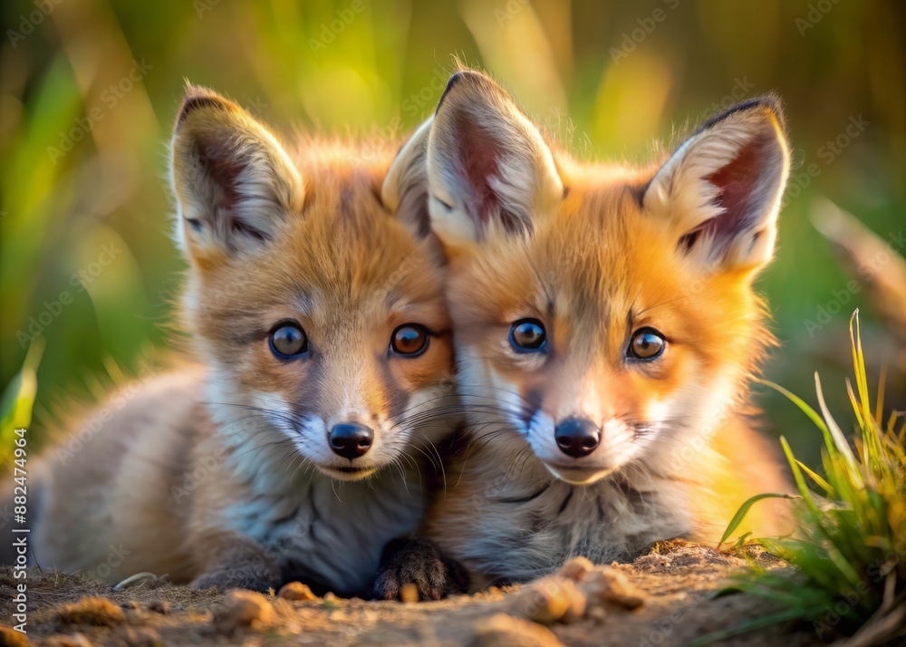 Two adorable baby red foxes snuggle up together, their fluffy fur and big round eyes capturing the essence of innocence and playful curious nature. Two adorable baby red foxes snuggle up together, their fluffy fur and big round eyes capturing the essence of innocence and playful curious nature.