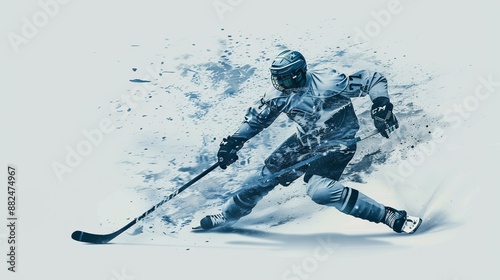 A stylized illustration of a hockey player executing a precise shot, with a cool blue color palette and artistic splashes enhancing the movement and action.