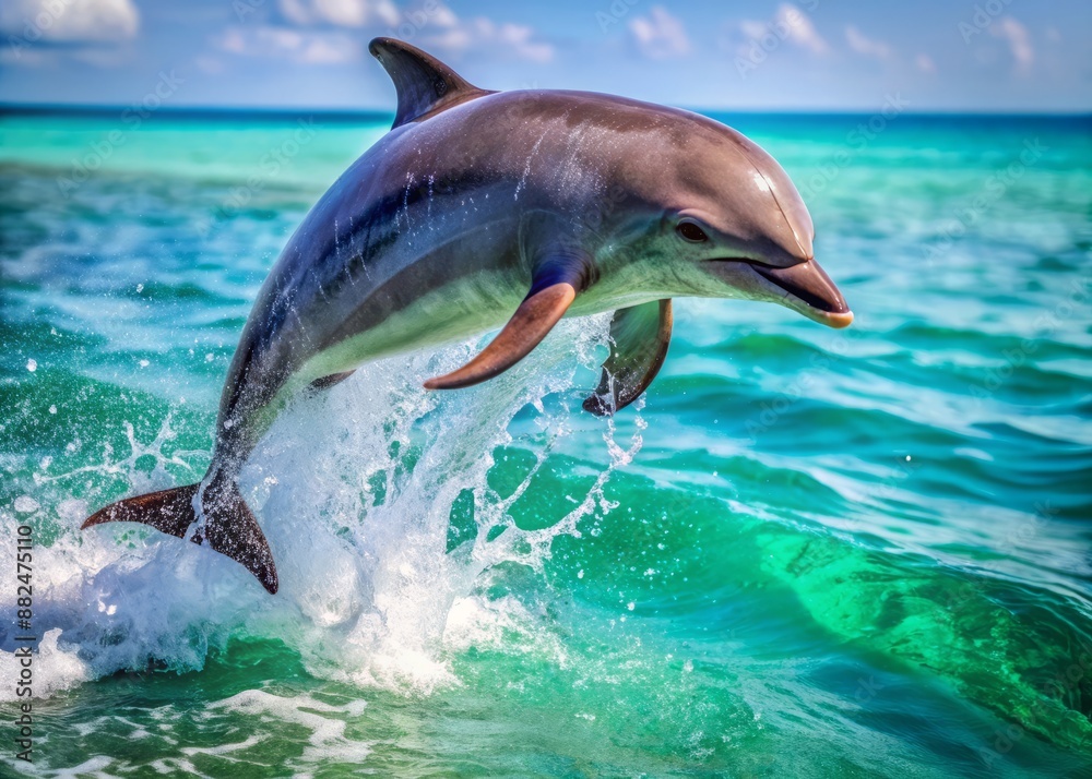Fototapeta premium Adorable baby dolphin leaps out of turquoise ocean water, splashing droplets everywhere, its sleek gray body glistening in sunlight, carefree and full of joy.
