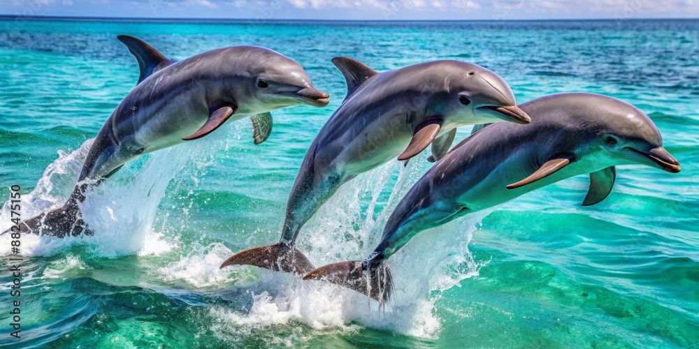 Obraz premium A trio of energetic baby dolphins leap and play in unison, their sleek gray bodies glistening as they burst out of the crystal-clear turquoise ocean water.
