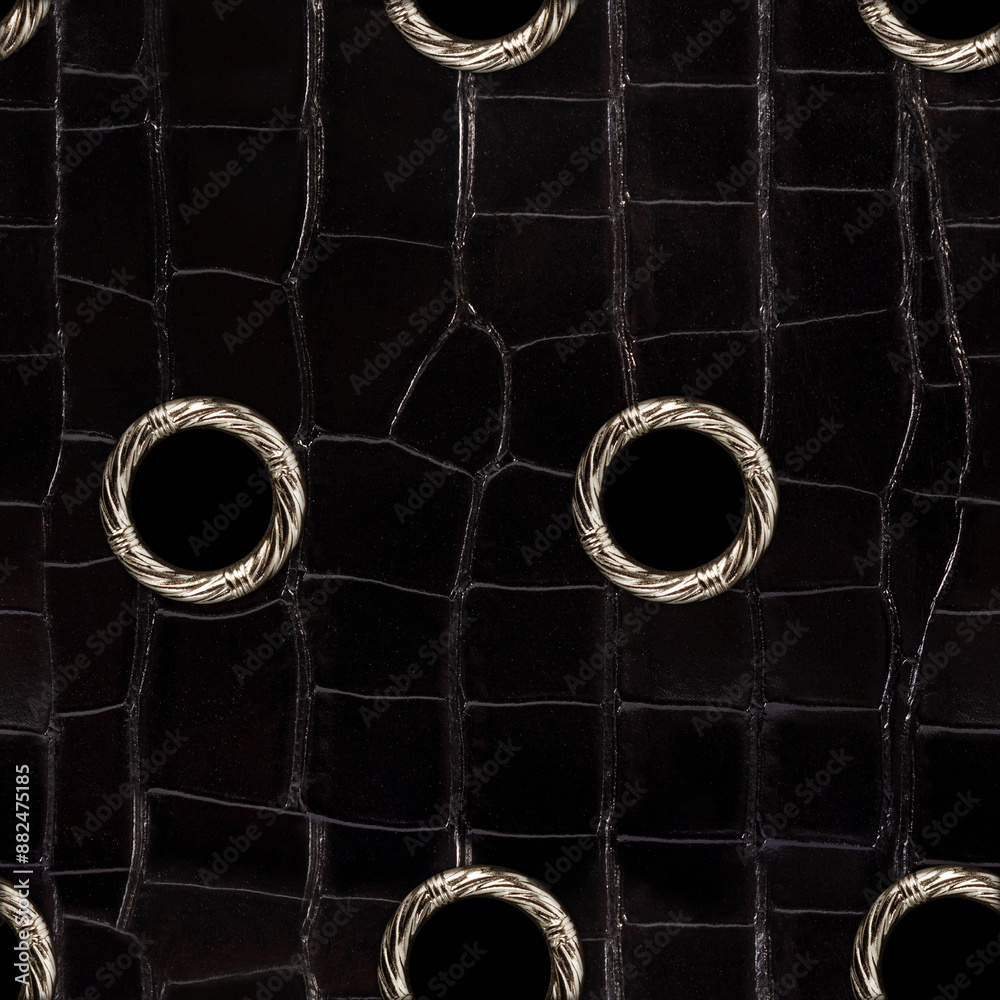 Seamless 4k photo texture photo of black colored alligator leather material with steel rivets. Seamless 4k photo texture photo of black colored alligator leather material with steel rivets.