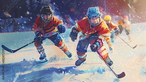 Kids are racing on an ice rink, playing hockey in orange jerseys. The energetic scene depicts their competitive spirit and the fun of playing a fast-paced winter sport.