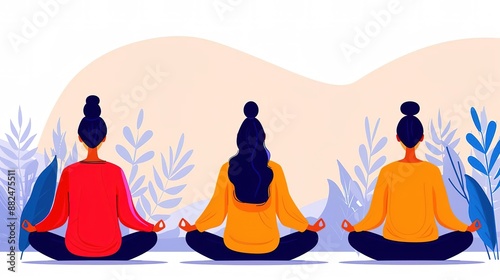 Three women meditating in lotus pose outdoors, back view