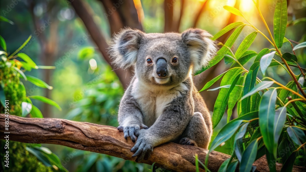 Fototapeta premium A cute koala bear sits comfortably on a sturdy eucalyptus tree branch, surrounded by lush green leaves, in a serene Australian forest atmosphere.