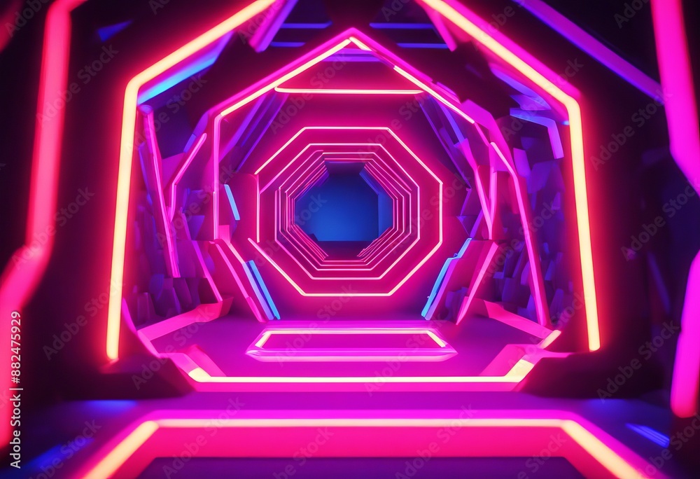 Fototapeta premium yellow abstract blue environment xagonal xagon colors vibrant neon portal ultraviolet tunnel futuristic lines render light frame laser show background pink space glowing spectrum 3d virtual reality co