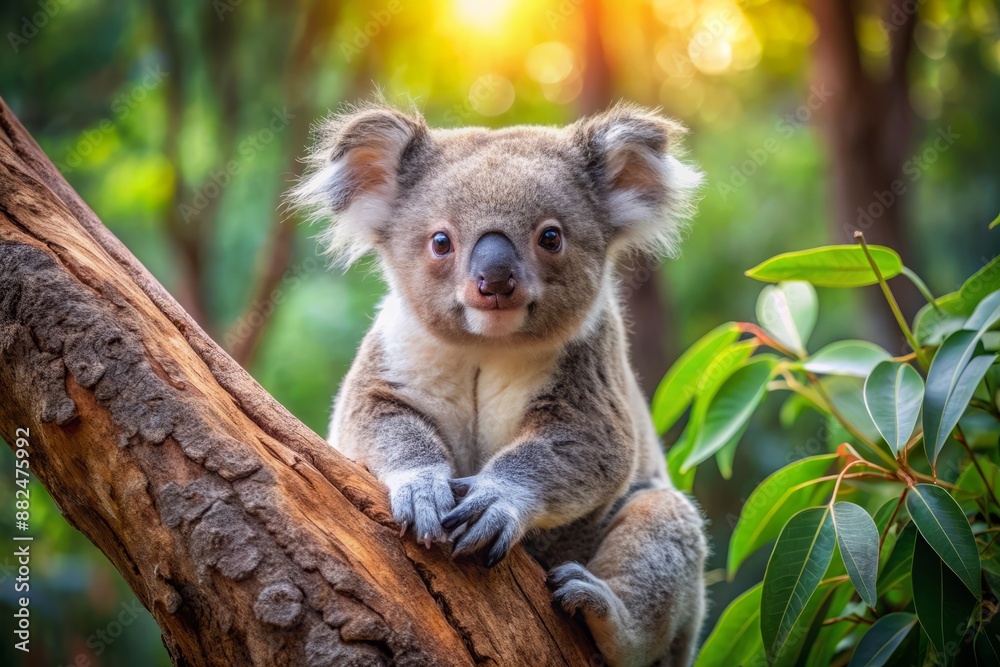 Fototapeta premium Young cute koala sitting on tree in wild nature, animal concept banner. Generative AI.
