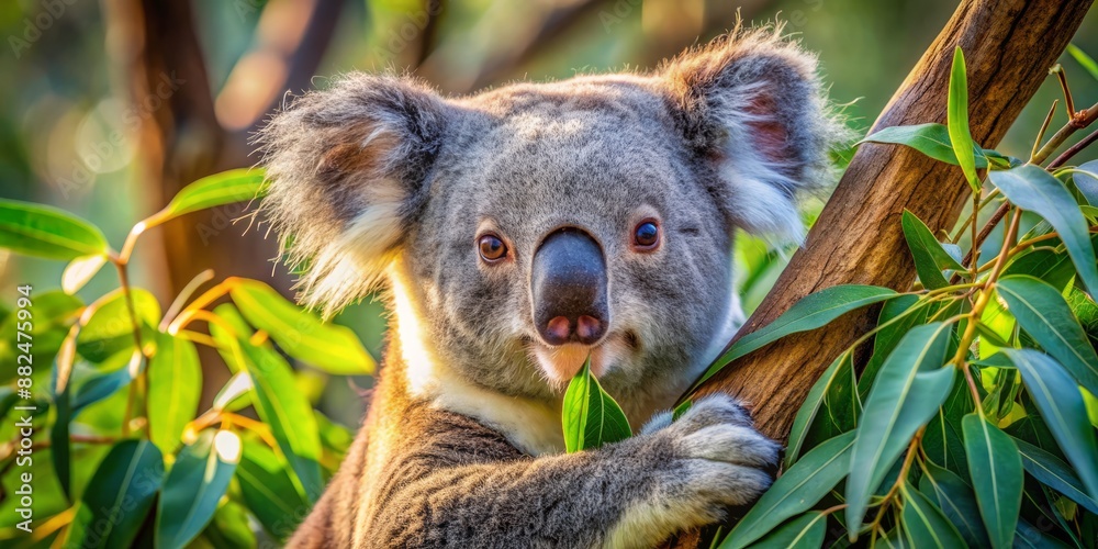 Obraz premium A serene koala cozies up in a eucalyptus tree's crook, contentedly snacking on fresh leaves, epitomizing the gentle beauty and hardiness of Australia's iconic wildlife.