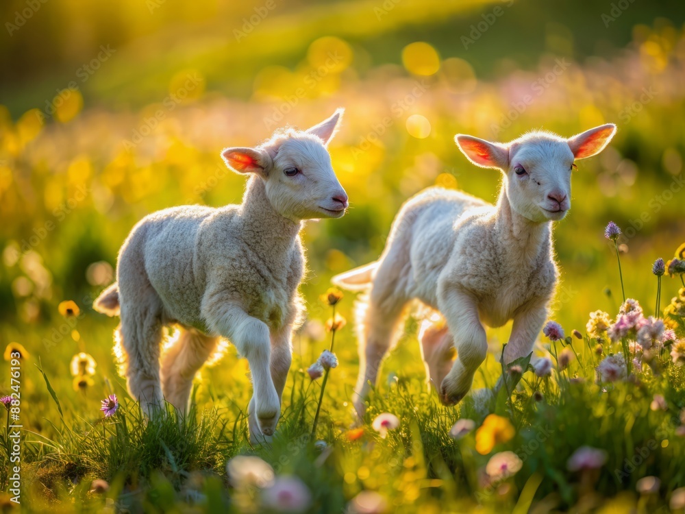 Fluffy baby lambs frolic and playfully chase each other amidst vibrant blooming wildflowers in a serene, sun-drenched pastoral meadow with soft green grass. Fluffy baby lambs frolic and playfully chase each other amidst vibrant blooming wildflowers in a serene, sun-drenched pastoral meadow with soft green grass.