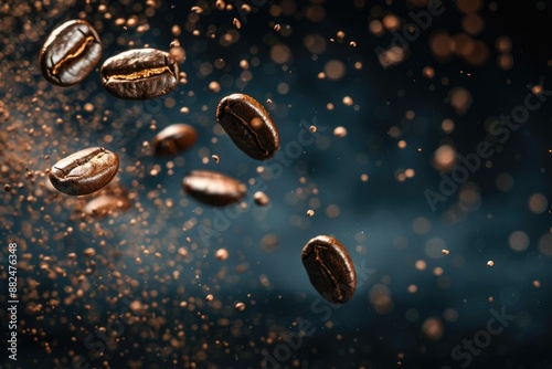 A photo of coffee beans suspended in mid-air photo