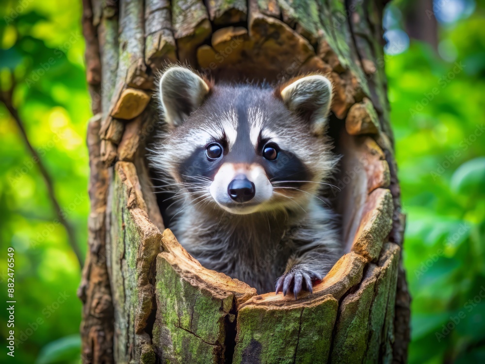 Adorable baby raccoon with a masked face and curious gaze peeks out from a hollow tree trunk, surrounded by lush greenery and natural atmosphere.