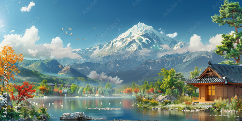 Naklejka premium 森と野原と山のある風景