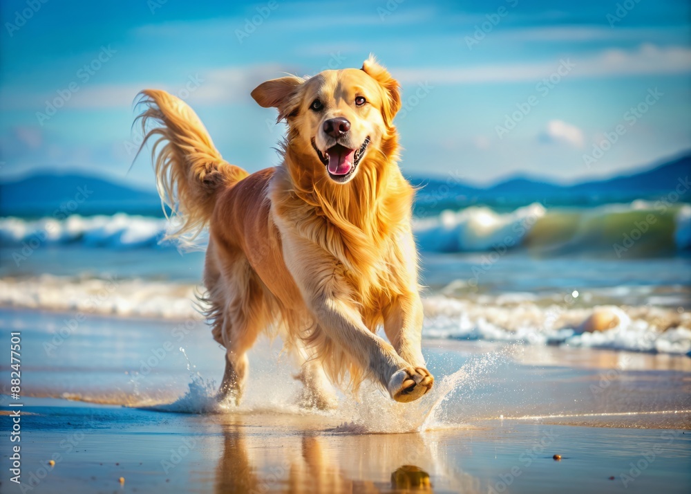Adorable golden retriever runs freely on a sun-kissed sandy beach, enthusiastically chasing after a tennis ball, capturing the essence of joyful canine companionship. Adorable golden retriever runs freely on a sun-kissed sandy beach, enthusiastically chasing after a tennis ball, capturing the essence of joyful canine companionship.
