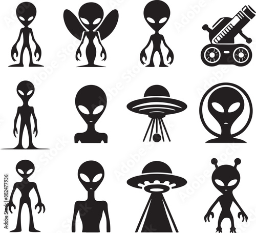Alien Icons, Ideal for Sci-Fi and Extraterrestrial Themes - silhouettes  Vector Illustration