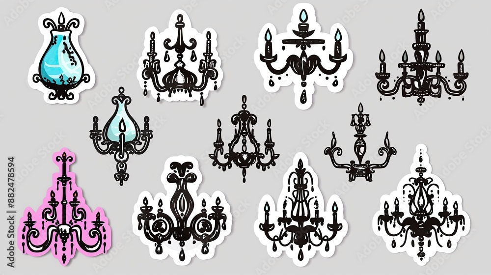 Fototapeta premium Graffiti stickers collection, isolated cartoon Chandelier, white background, vector graphics in clip art style, generated AI