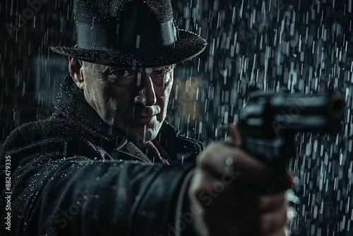 Senior gangster with a gun in the rain, Ai Generated