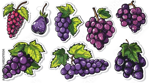 Graffiti stickers collection, isolated cartoon Grapes, white background, vector graphics in clip art style,  generated AI