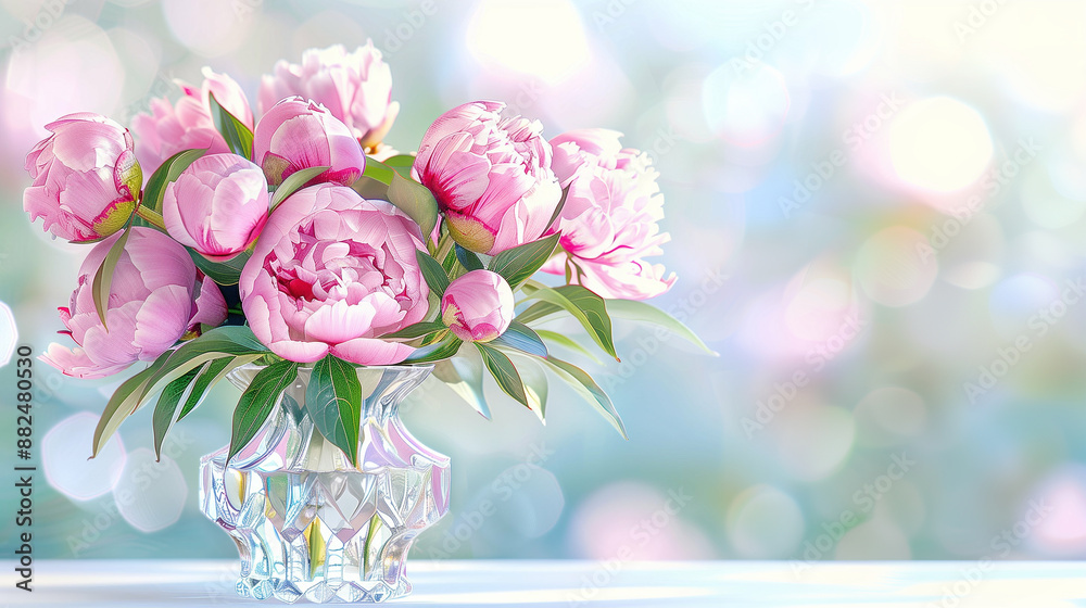 Elegant Floral Arrangement in Crystal Vase with Pastel-Colored Background. Perfect Home Decoration Idea for Spring Elegant Floral Arrangement in Crystal Vase with Pastel-Colored Background. Perfect Home Decoration Idea for Spring