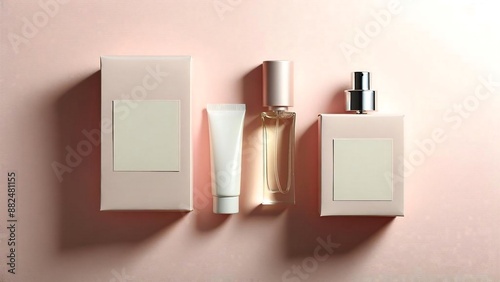 Pink background with cosmetic products in plain packaging for mockups and advertisements photographed from above. templates. promo