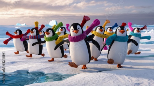 Cheerful Penguins Marching in Colorful Scarves, Winter Wildlife imagegraphy for Posters and Cards photo