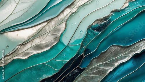 Abstract texture with teal and silver leaf patterns photo