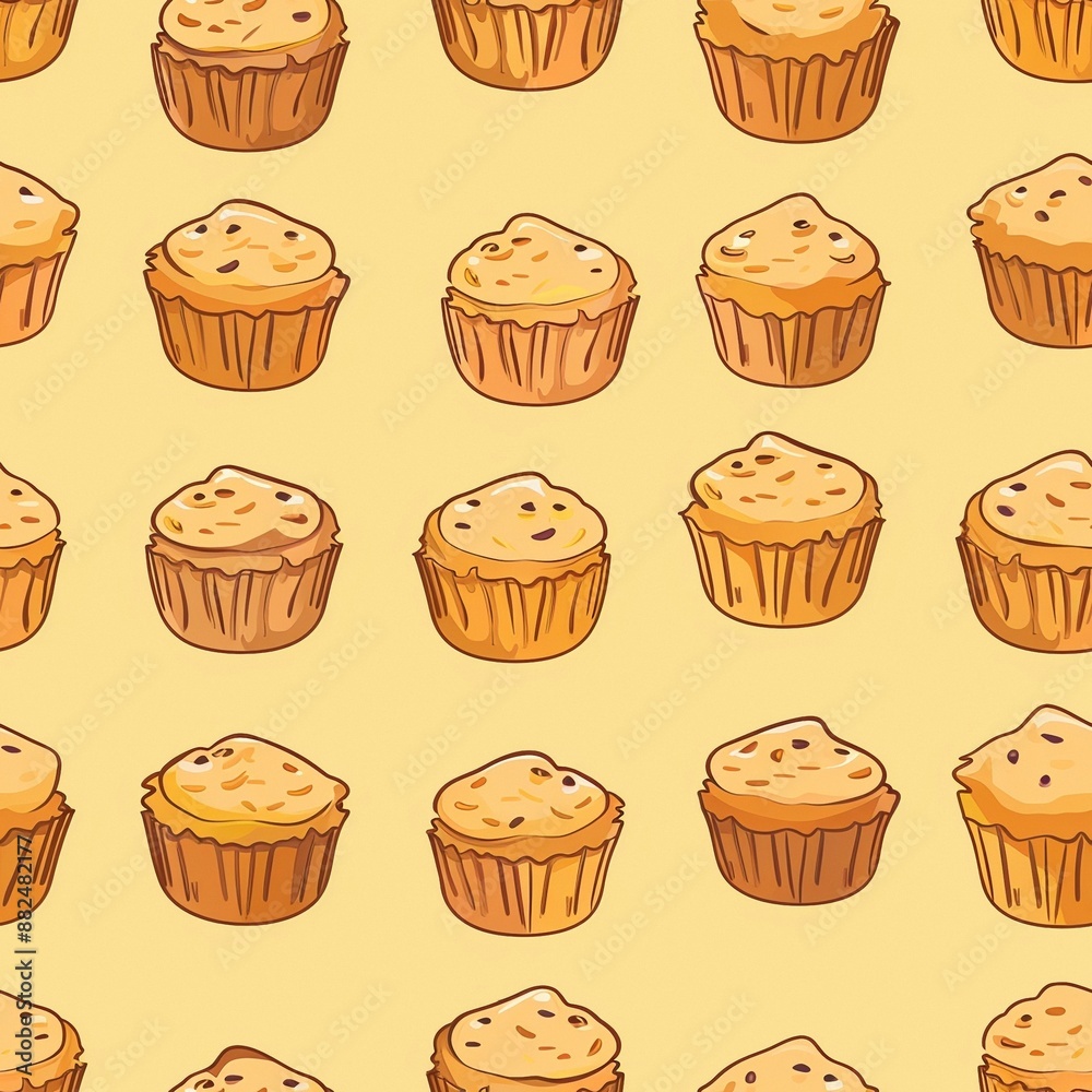 Cyclic seamless repeating pattern of cupcakes with sprinkles on a yellow background. Cyclic seamless repeating pattern of cupcakes with sprinkles on a yellow background.