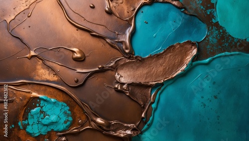 Metallic brown and teal paint textures create abstract shapes and patterns